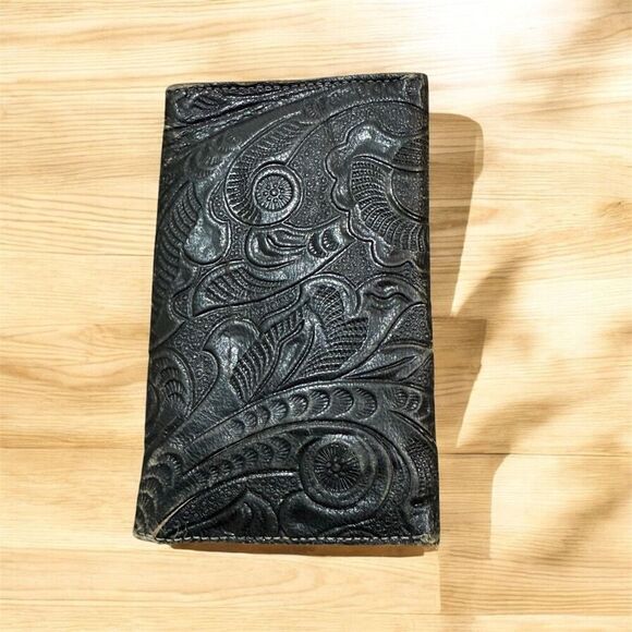 Vintage Black Denim Leather Tooled Wallet Rose Floral Wéstern - Picture 5 of 5